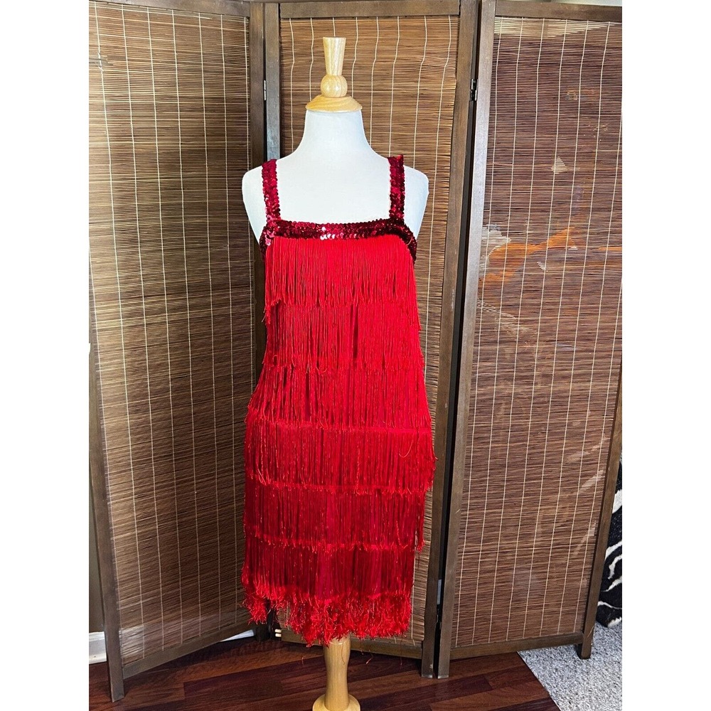 Flapper 20s Fringe Dress Red Stretchy w/Sequin Straps Tassels Fun Dancing Disco